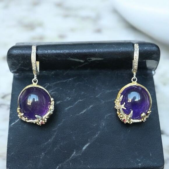 Sterling Silver 925 Natural Amethyst Cabochon Earrings Star Accents 18.8 Grams